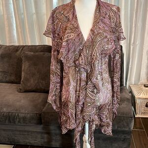 Allen B. Cover-up/ long shawl. Brown & Lavender 100% Silk. Like new. Sz. Petite